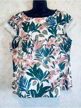 Allegra K Size XL Ladies Pull Over Top Tropical Leaves Print Cap Sleeves Lace